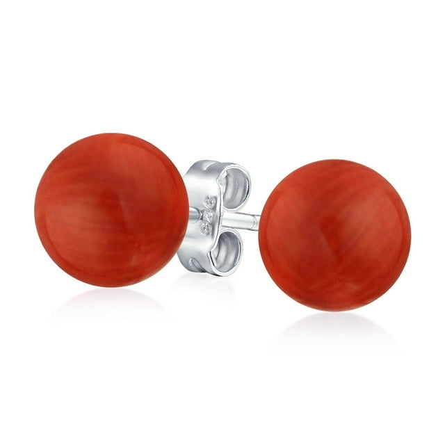 Boucles d'Oreilles Clous Rondes en Cornaline Naturelle Teinte Rouge pour Femmes en Argent Sterling.925 8MM