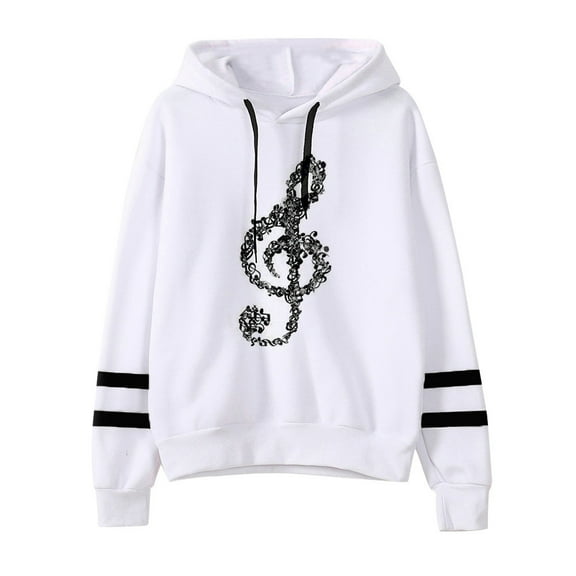 Womens Musical Notes Long Sleeve Hoodie Sweatshirt Hooded Pullover Tops Blouse
