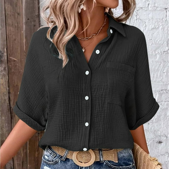Oversized Tshirts for Women, Fashion Casual Solid Color Single Pocket Slit Mid Sleeve Shirt, Black 5XL