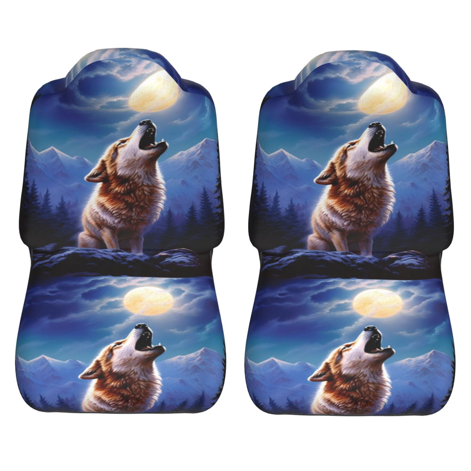 KAKALAD 3d Animal Wolf Moon 03 Car Seat Covers Set Vehicle Front Seats Protector 2 Pcs