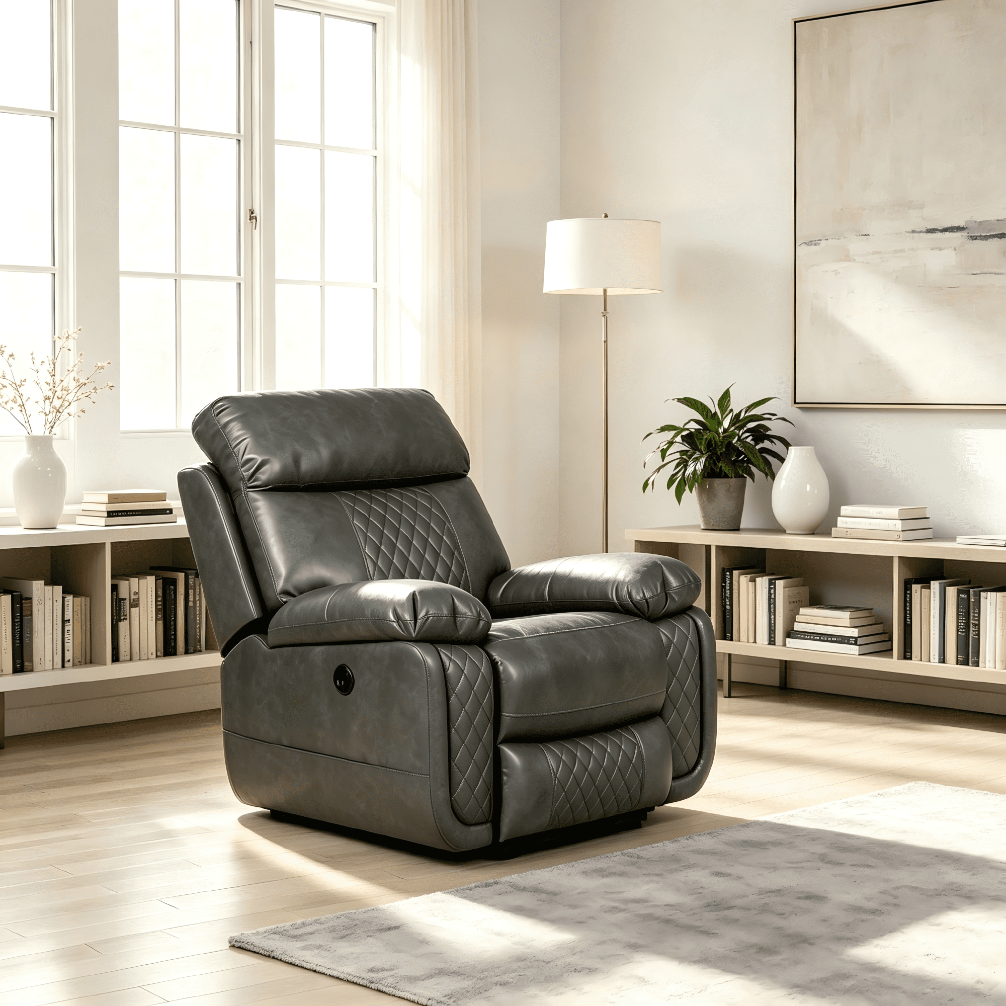 Contemporary Plush Faux Leather Upholstered Living Room Reclining Chair, Grey