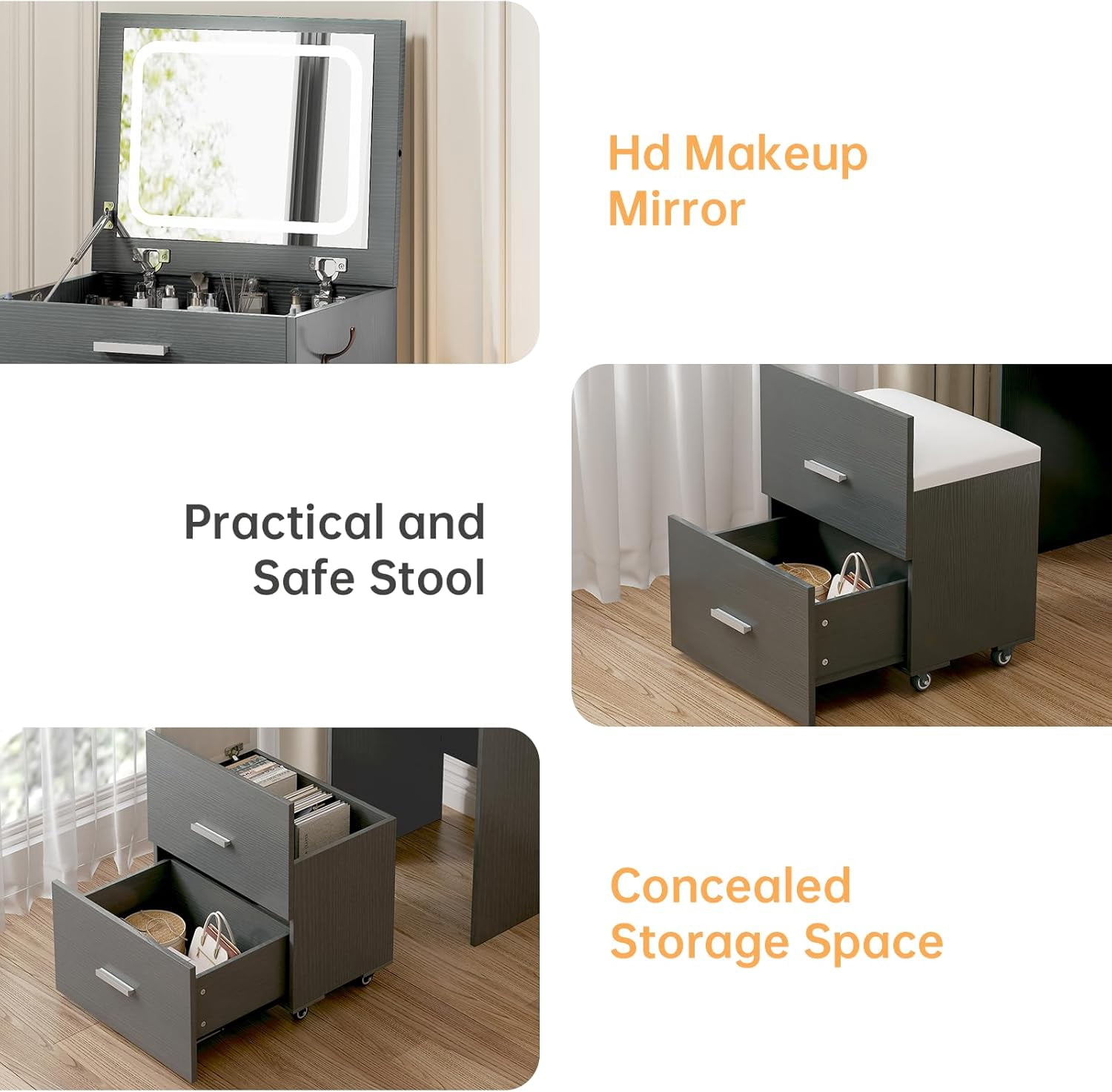SELOOYE 3 in 1 Vanity Desk, Compact Vanity with 3 Drawers, Makeup Desk with Flip-up 3 Colors Lighting Mirror and Cushioned Stool, Small Vanities Nightstand Perfect for Bedroom, Grey
