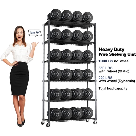 73''H X 35.5''W X14''D 6 Tier Wire Shelf with Wheels 10 Hooks, Adjustable NSF Wire Shelving Unit Heavy Duty Metal Storage Shelves Free Standing Rack Organization for Pantry,Kitchen,Garage