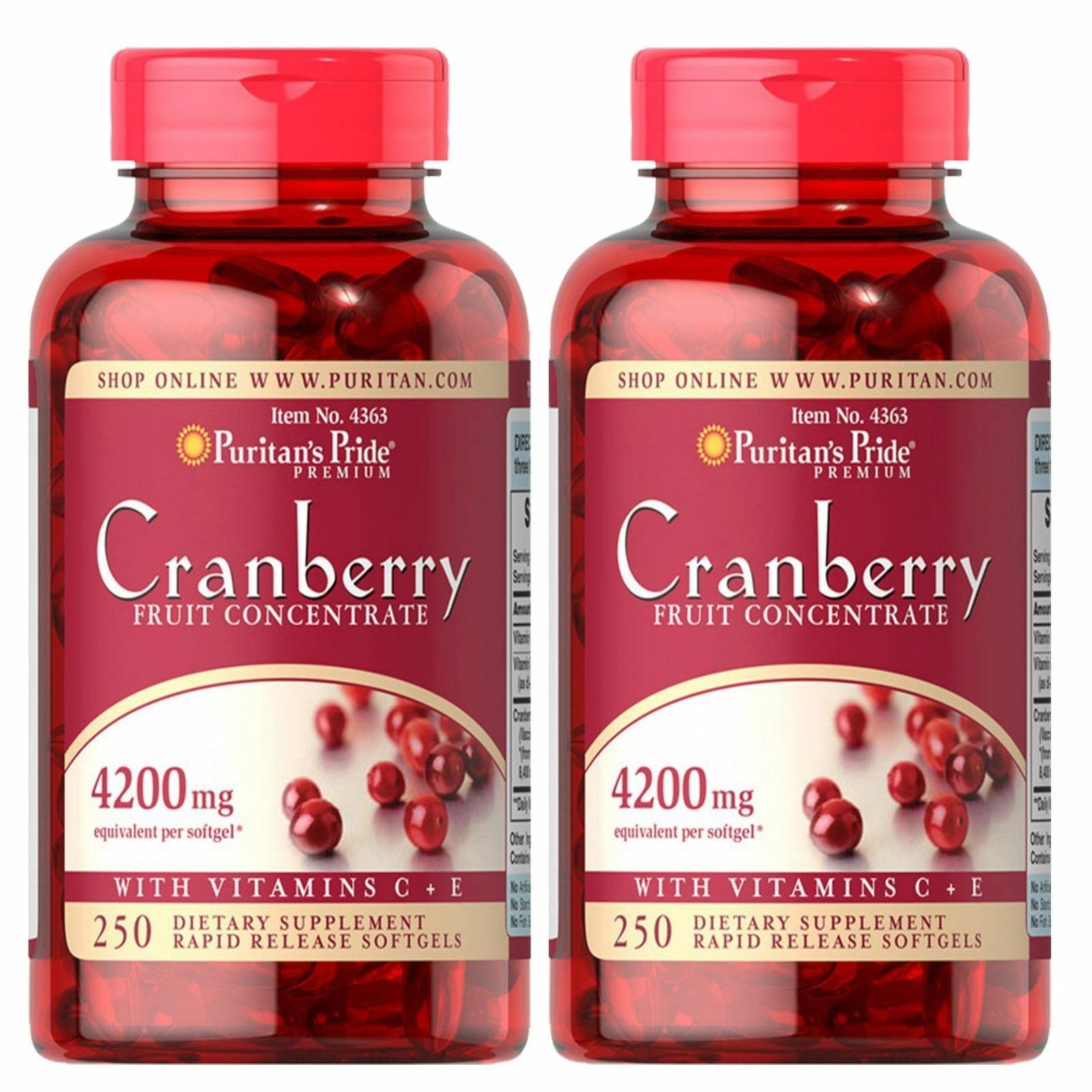 Puritan's Pride Cranberry Fruit Concentrate with C & E 4200 mg 250 Softgels (2 PACK) Walmart