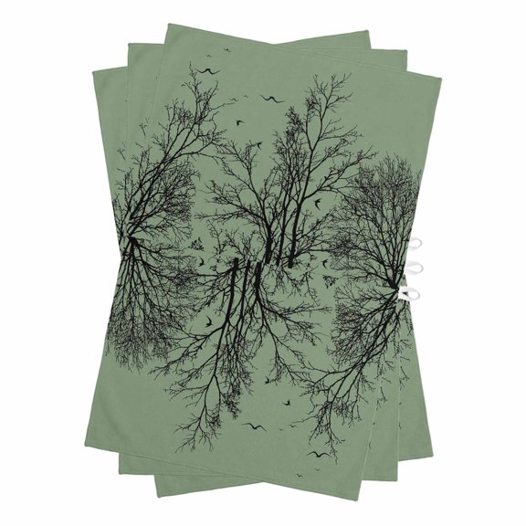 Green Black Branches Kitchen Towels Set of 3, Water Absorbent Dish Towel, Botanical Dead Tree Birds Decorative Hand Towels - Quick Drying Cloth for Cooking Baking, 18x28 Inch