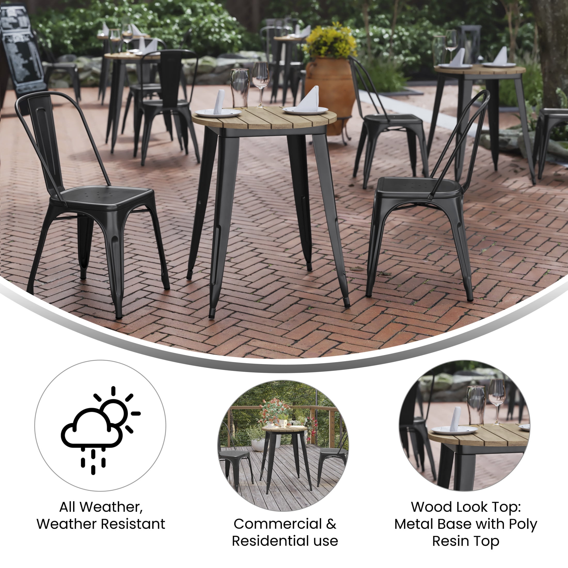 Flash Furniture Declan Commercial Grade Indoor/Outdoor Dining Table, 23.75" Round All Weather Brown Poly Resin Top with Black Steel Base