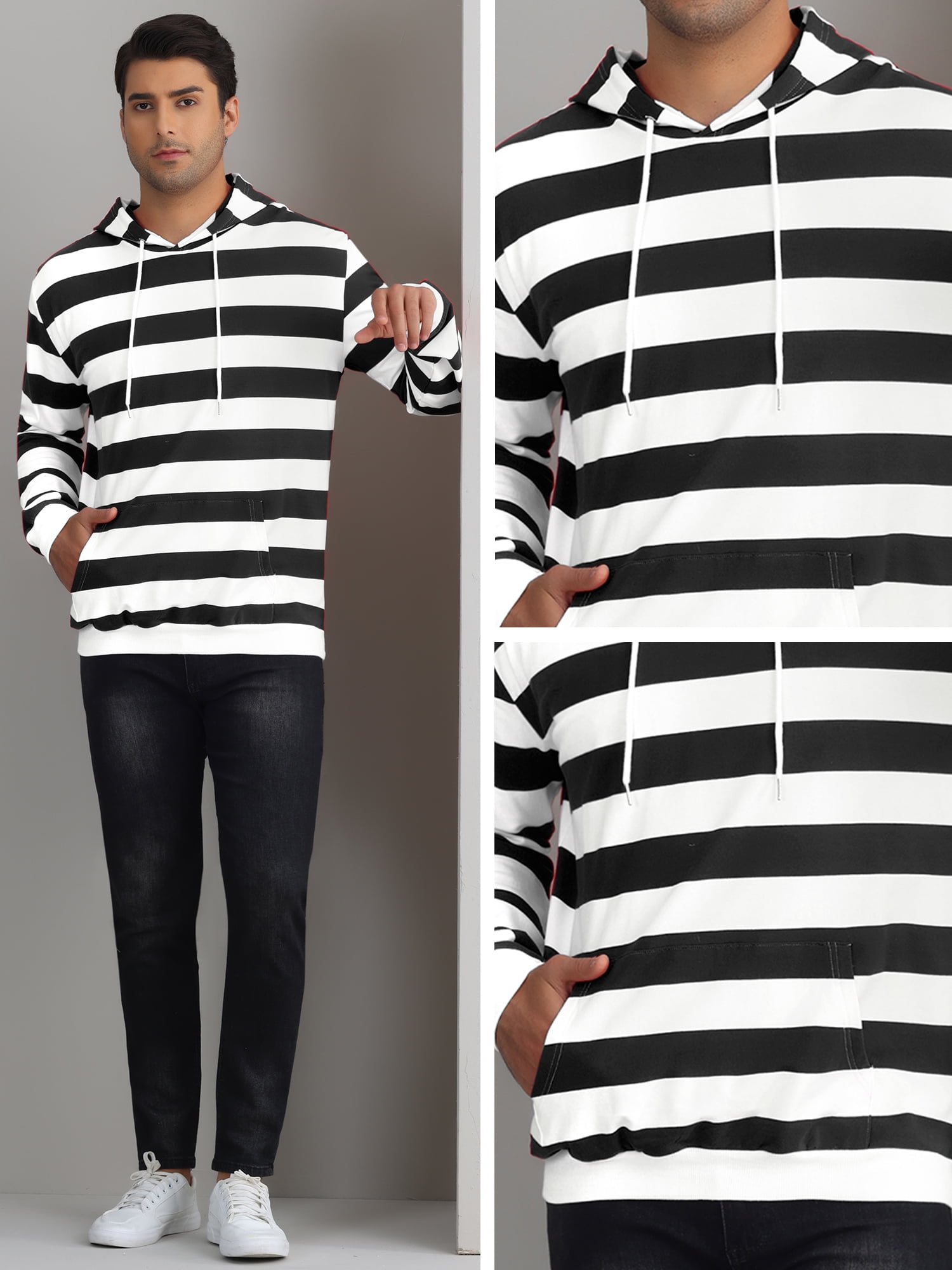 DARING DIVA Men's Striped Long Sleeves Drawstring Pullover Sweatshirts Hoodie L Black White