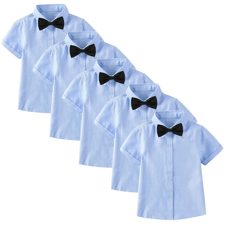 3 for 100 dress shirts Avrnliq Boys Blue Dress Shirts with Detachable Bow Tie, 5 Pack Short Sleeve Formal Button Down Shirts for Kids Wedding School Uniform Sizes 100-170,