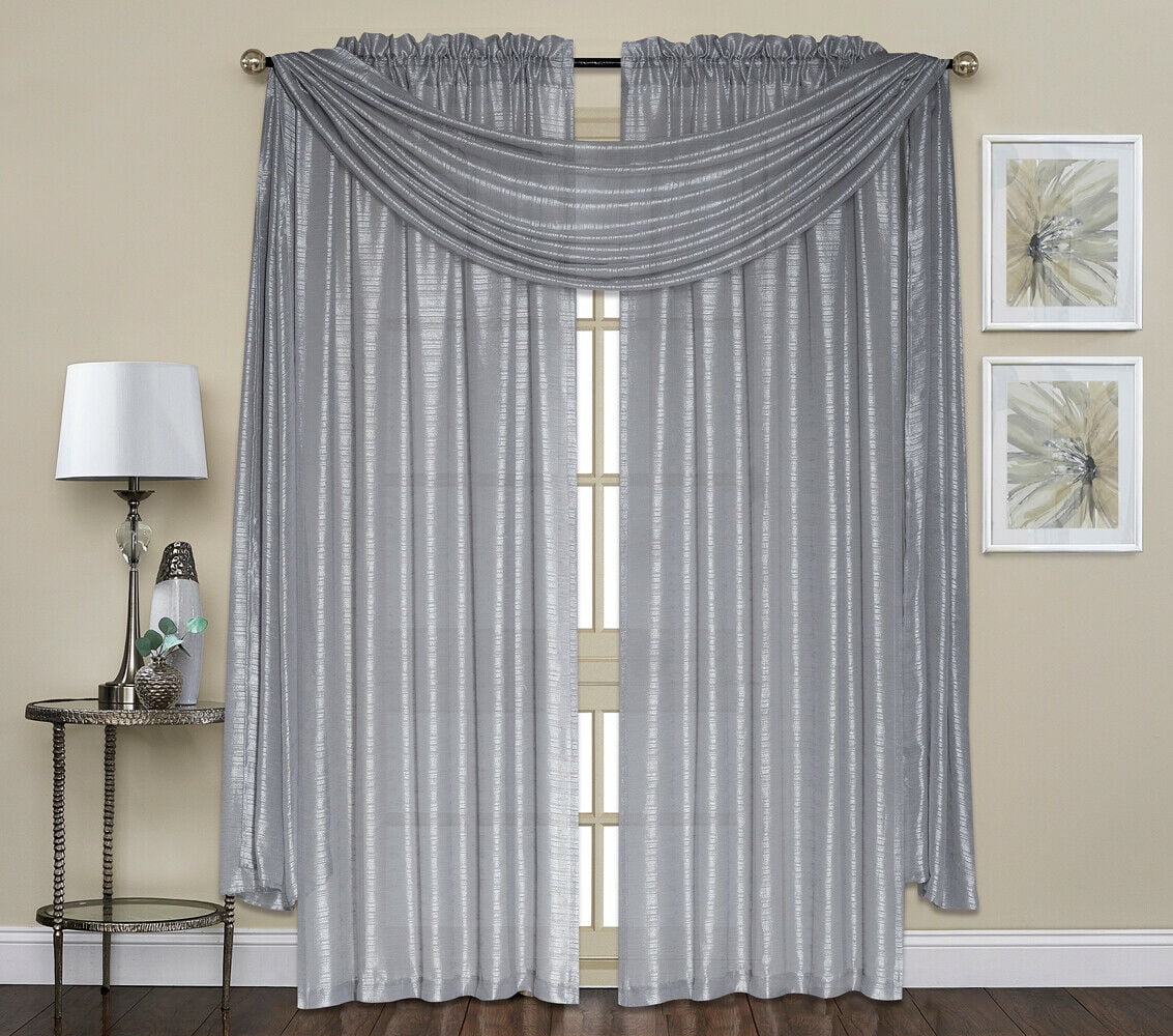 Complete 3 Pc Shimmer Semi Sheer Curtain Panel Pair & Scarf Set - Gray ...