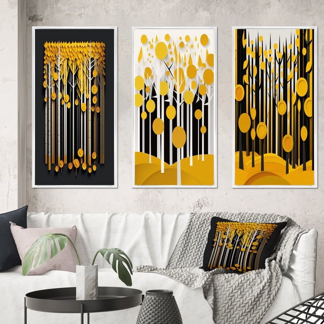 Designart "Quill Minimalism Abstract Yellow Forest I" Landscape Trees Framed Wall Art Set Of 3 - Yellow Trees Frame Canvas Set For Living Room Decor