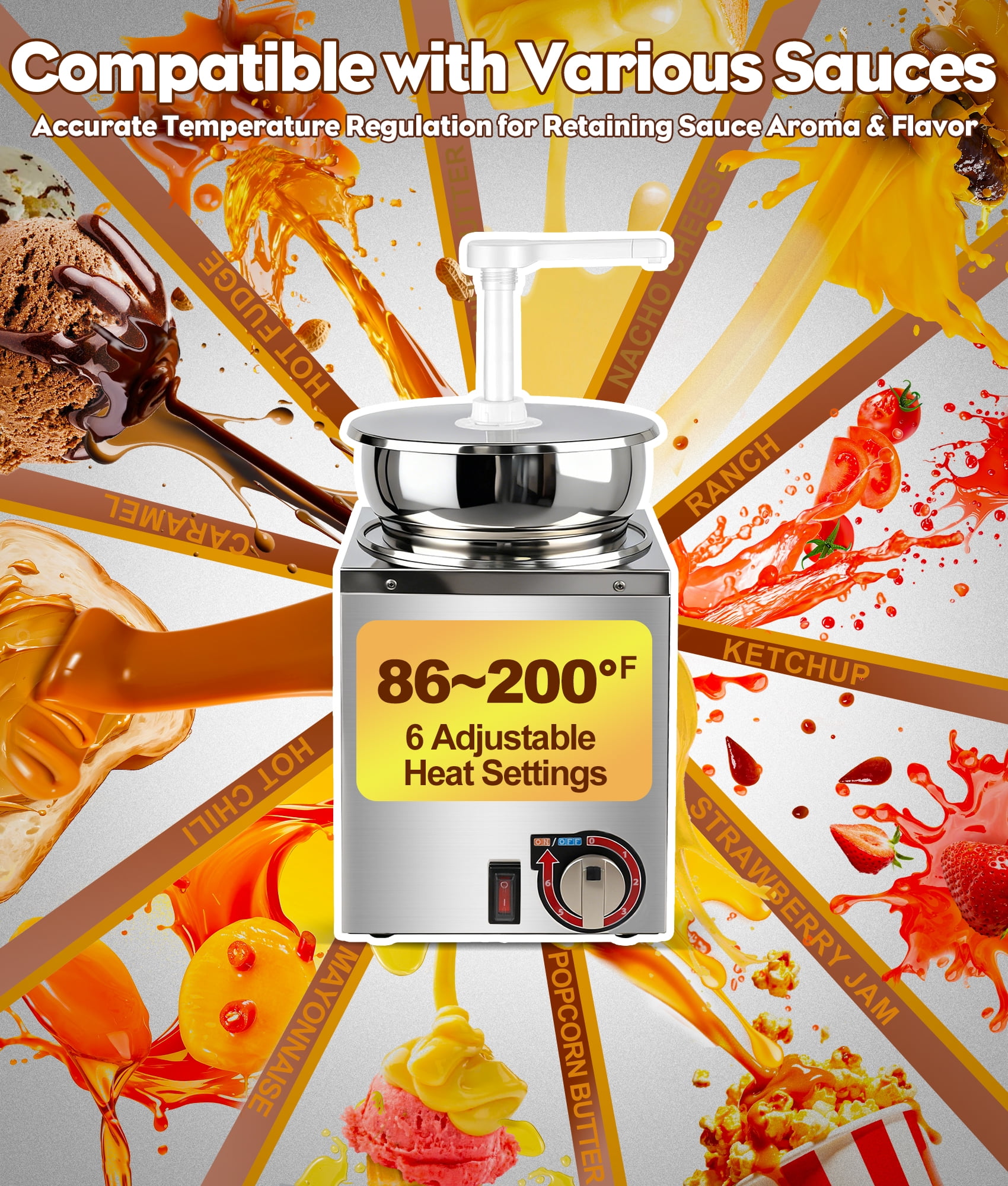 Chantmo Cheese Dispenser 4.8 Qt Stainless Steel Warmer 360 Rotating 2 Pumps 6 Level Temperature for Ketchup Butter Caramel