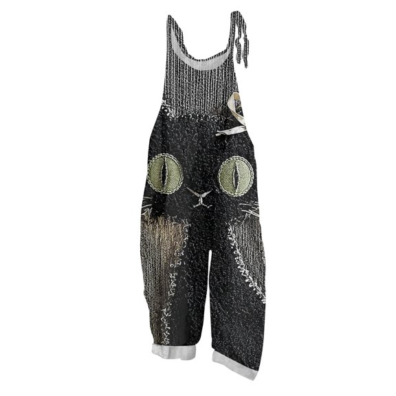JULMCOMO Halloween Jumpsuits for Women Plus Size Cotton Linen Black Cat Printed Spaghetti Strap Holiday Overalls Loose Funny Print Jumpsuits Green L