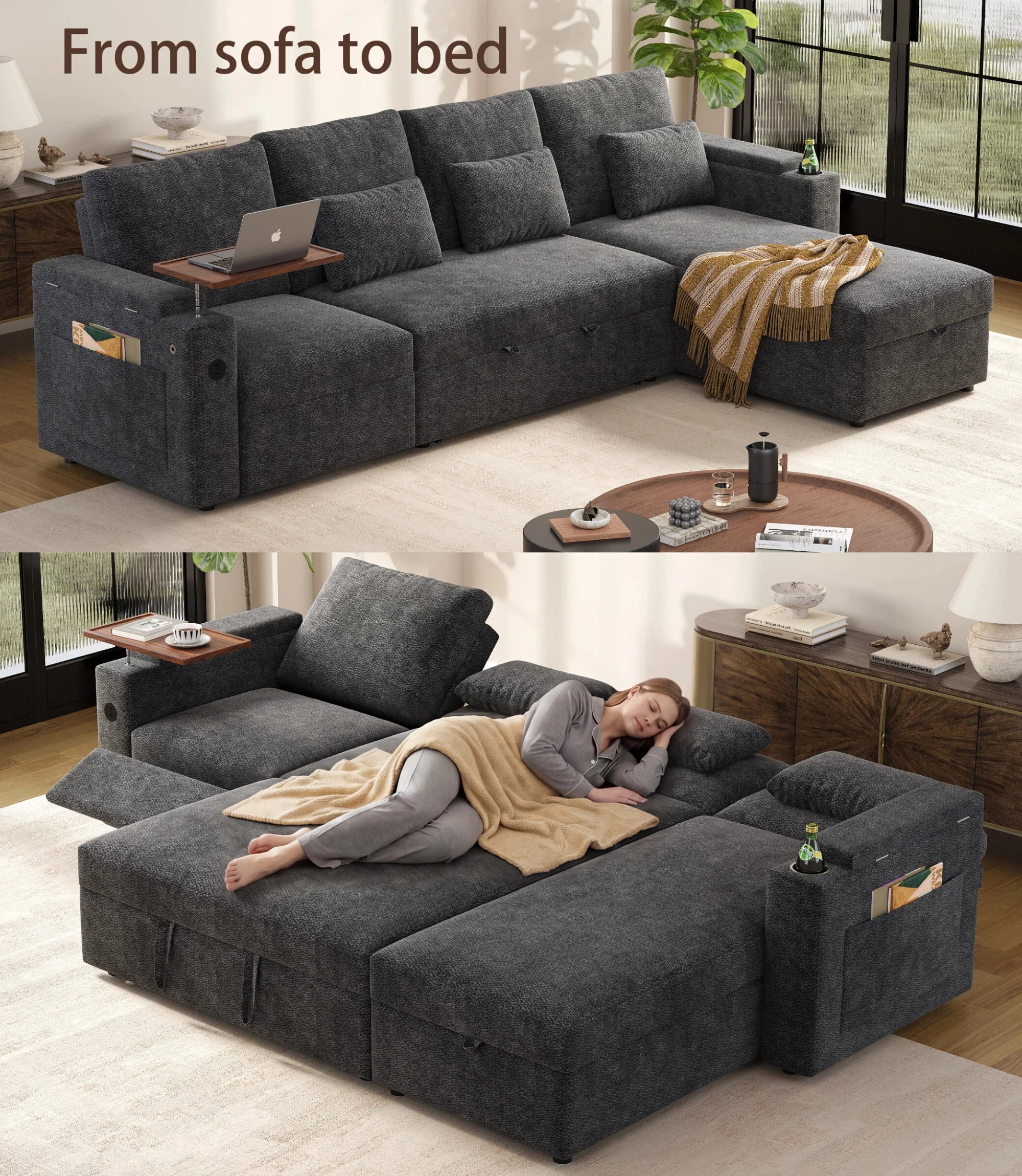 AISWORD 108" 3-in-1 Convertible Pull Out Sofa Bed, 6 Position Adjustable Sleeper Couch with USB Ports, Laptop Table, Cup Holders & Side Storage Pockets, Gray