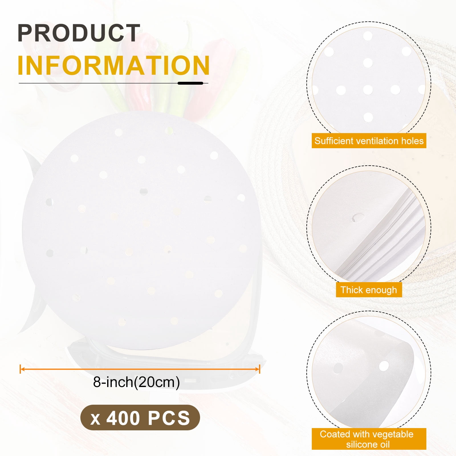 Uxcell 400pcs Air Fryer Liners 8.7 Inch Round Bamboo Steamer Liners with Holes Non-Stick Perforated Parchment Paper Sheets Disposable Steamer Paper for Air Fryers Steaming Basket, White