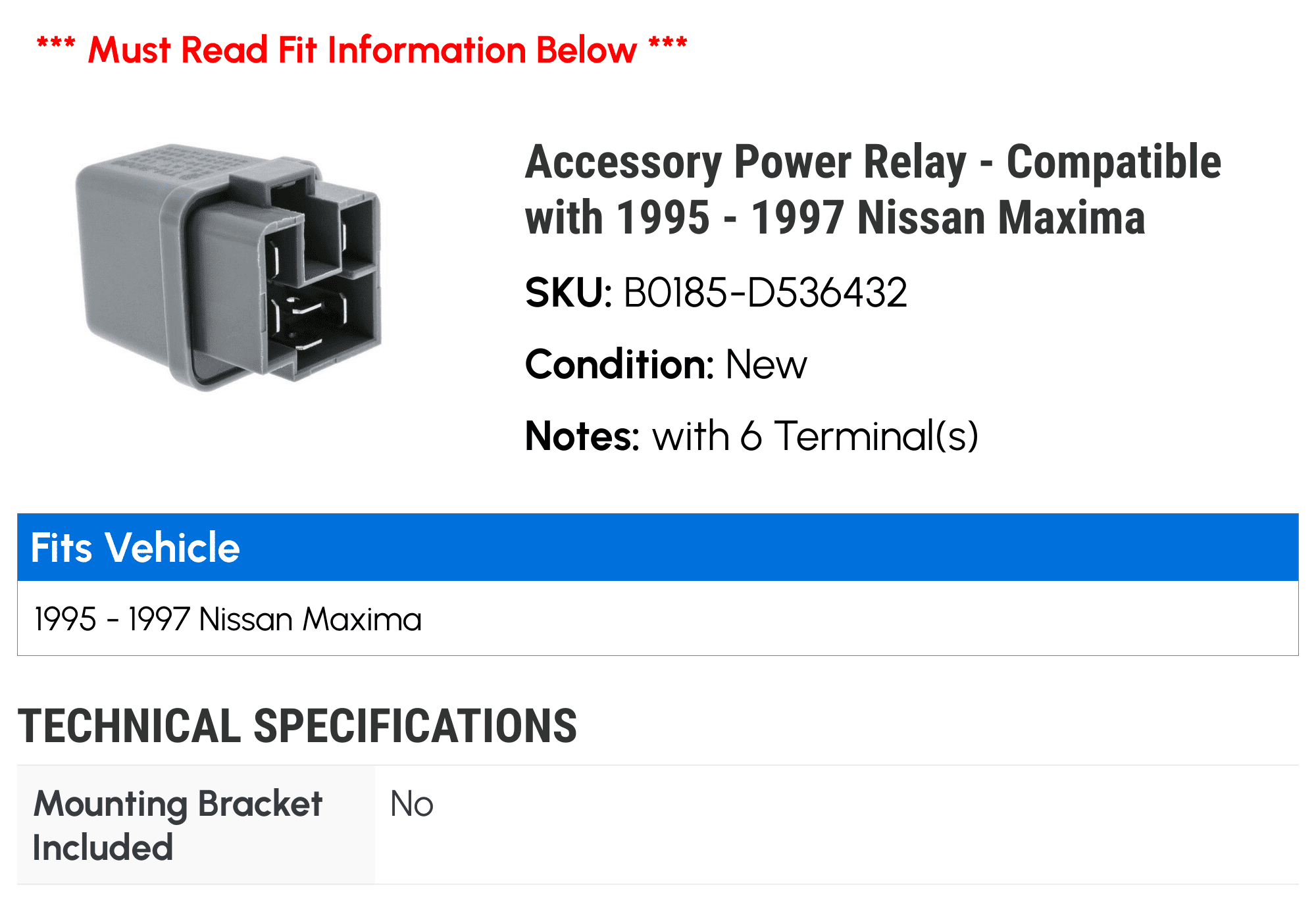 Accessory Power Relay - Compatible with 1995 - 1997 Nissan Maxima 1996