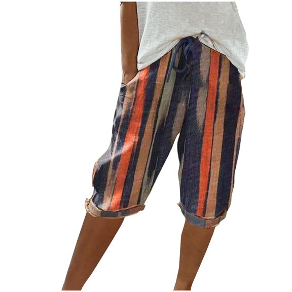 50% Off Clearance Erwazi Womens Bermuda Shorts Striped Printed Drawstring High Waisted Summer Casual Shorts with Pockets Beach Shorts