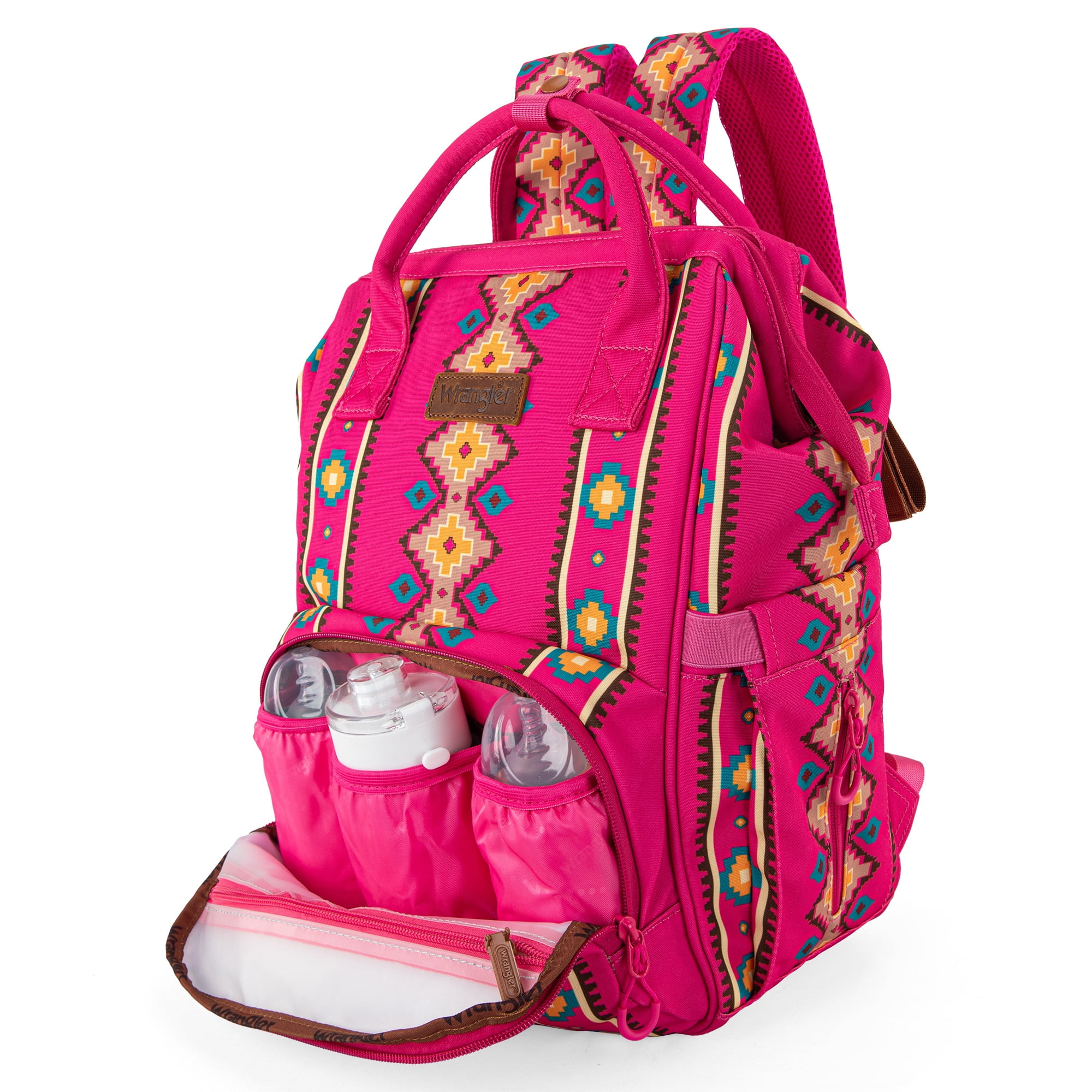 Wrangler Aztec Travel Backpack Baby Bag for Women with Stroller Strap and Side Bottle Pockets Organized Diaper Bag, Hot Pink