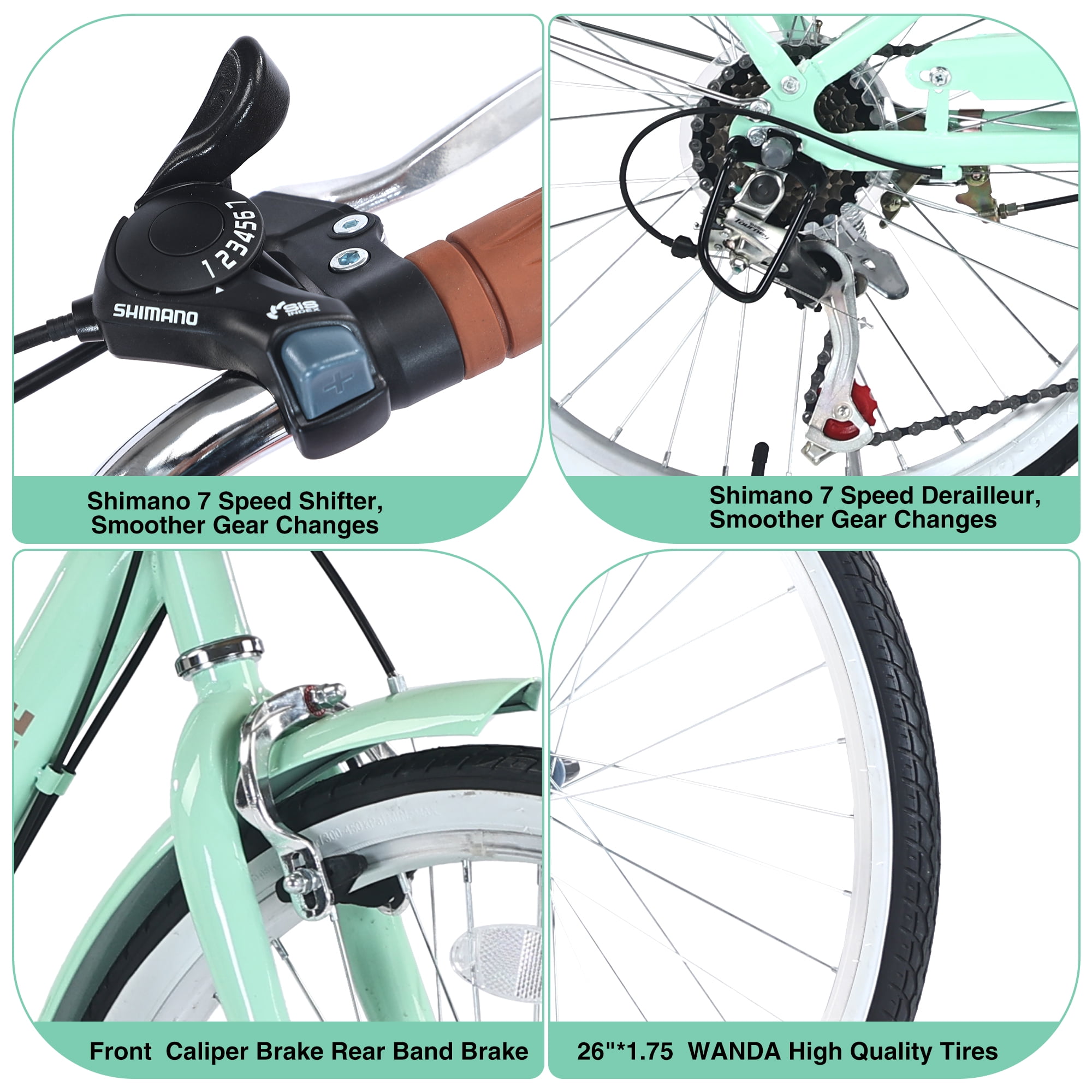 Aukfa Cruiser Bike, Hybrid Bikes with Basket for Women Adult,Green
