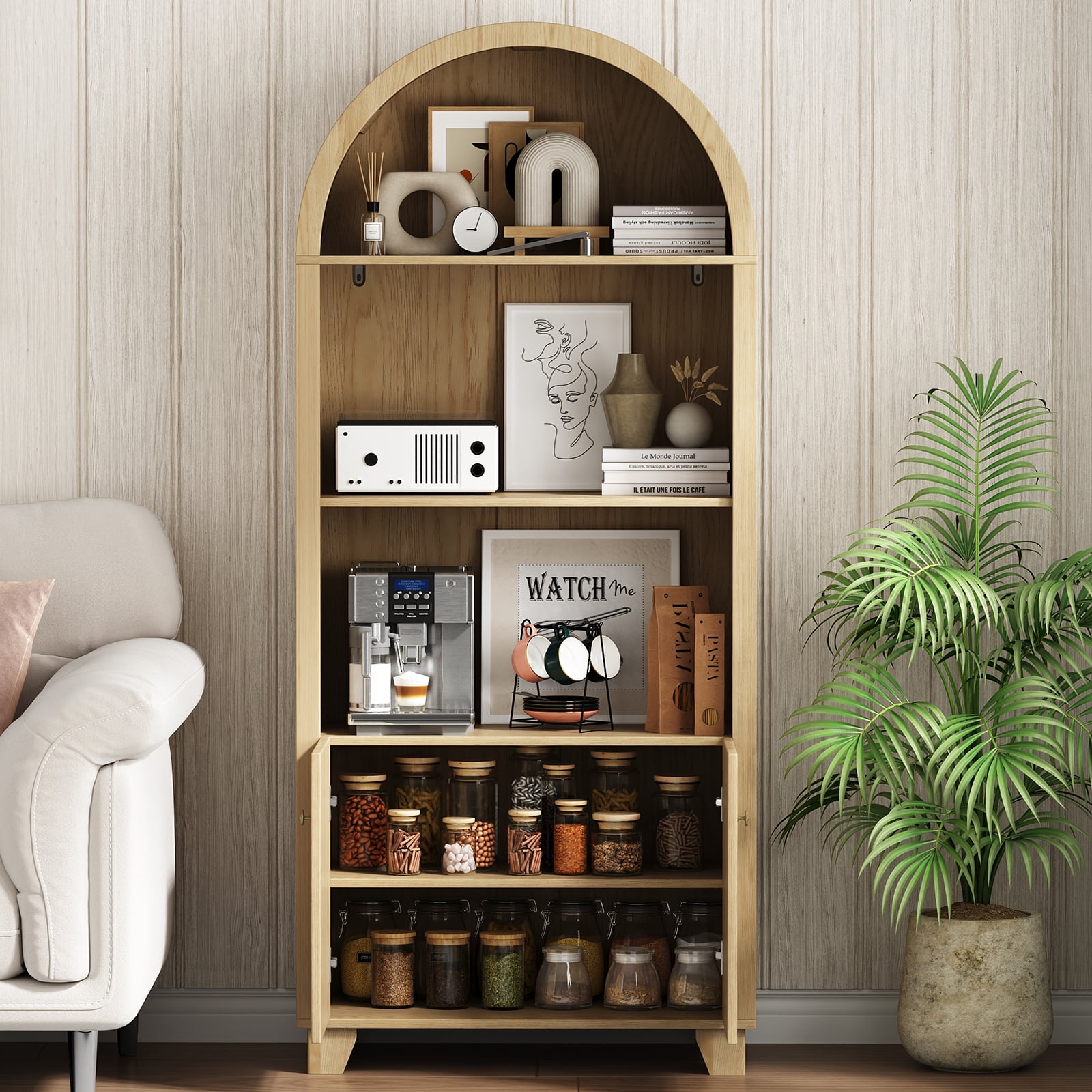 IDEALSOUL Arched Kitchen Pantry Cabinet, 70-inch Arched Cabinet, Open Shelf Storage Cabinet with 2 Doors and 5 Shelves(Wood color)