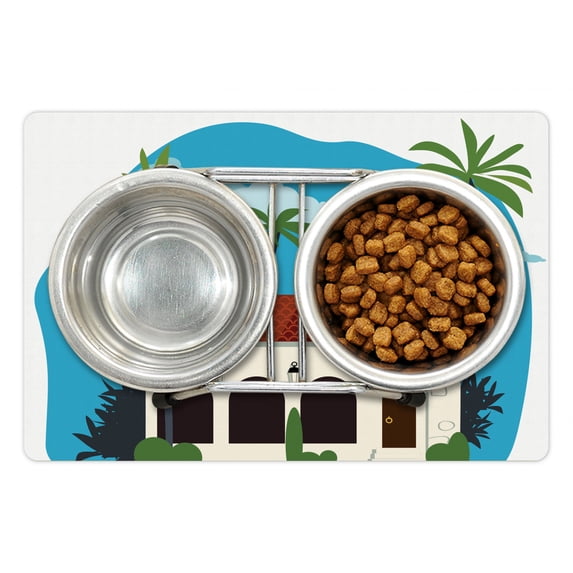 Spanish Pet Mat for Food and Water, Old Fashioned Mediterranean Cottage House with Palm Trees Latin Architecture Print, Non-Slip Rubber Mat for Dogs and Cats, 18" X 12", by Ambesonne
