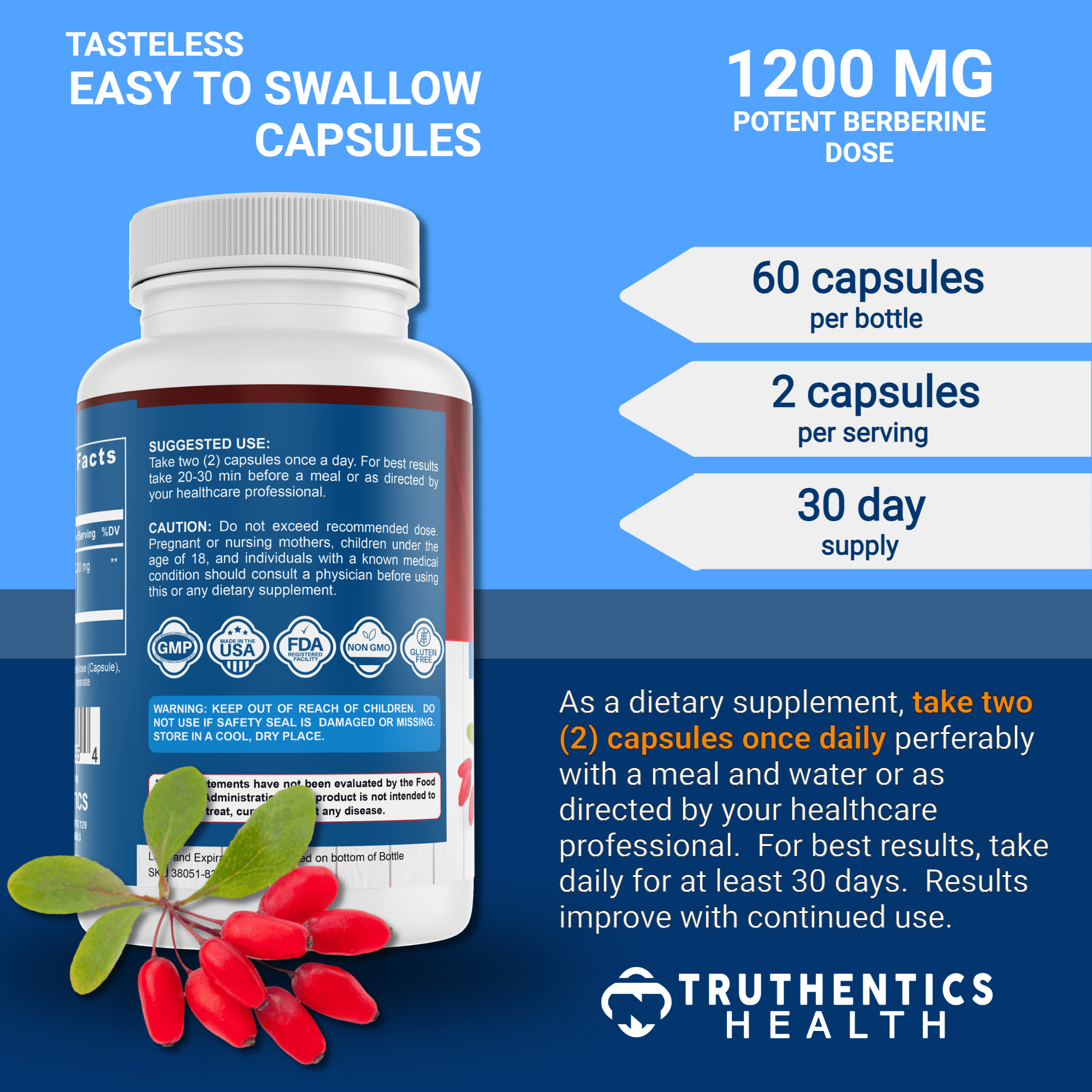 Truthentics Berberine HCL Supplement, 1200 mg, Gluten-Free, Vegan, 60 Capsules