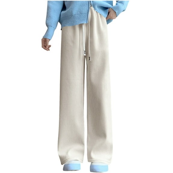 APEXFWDT Women's Fleece Lined Corduroy Pants Straight Leg High Waist Drawstring Pants Warm Casual Trousers,XL,White
