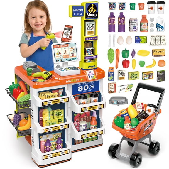 UUSUOO 60PCS Supermarket Playset for Kids, Pretend Grocery Store Playset with Kids Shopping Cart, Play Food, Cash Register, Educational Role Play Toys for Boys Girls Age 3