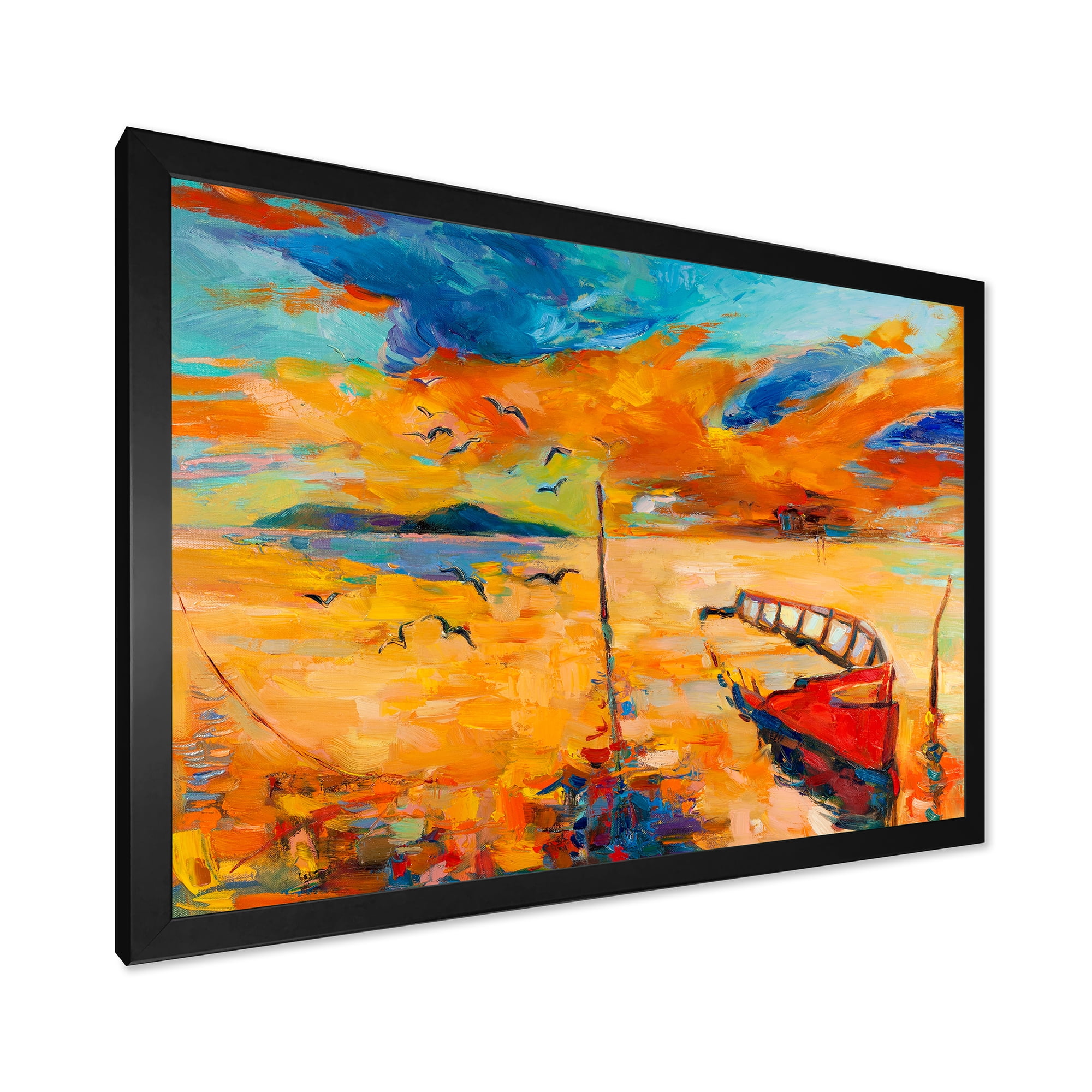 Boat At The Lake During Evening Glow VIII 32 in x 24 in Framed Painting Canvas Art Print, by Designart