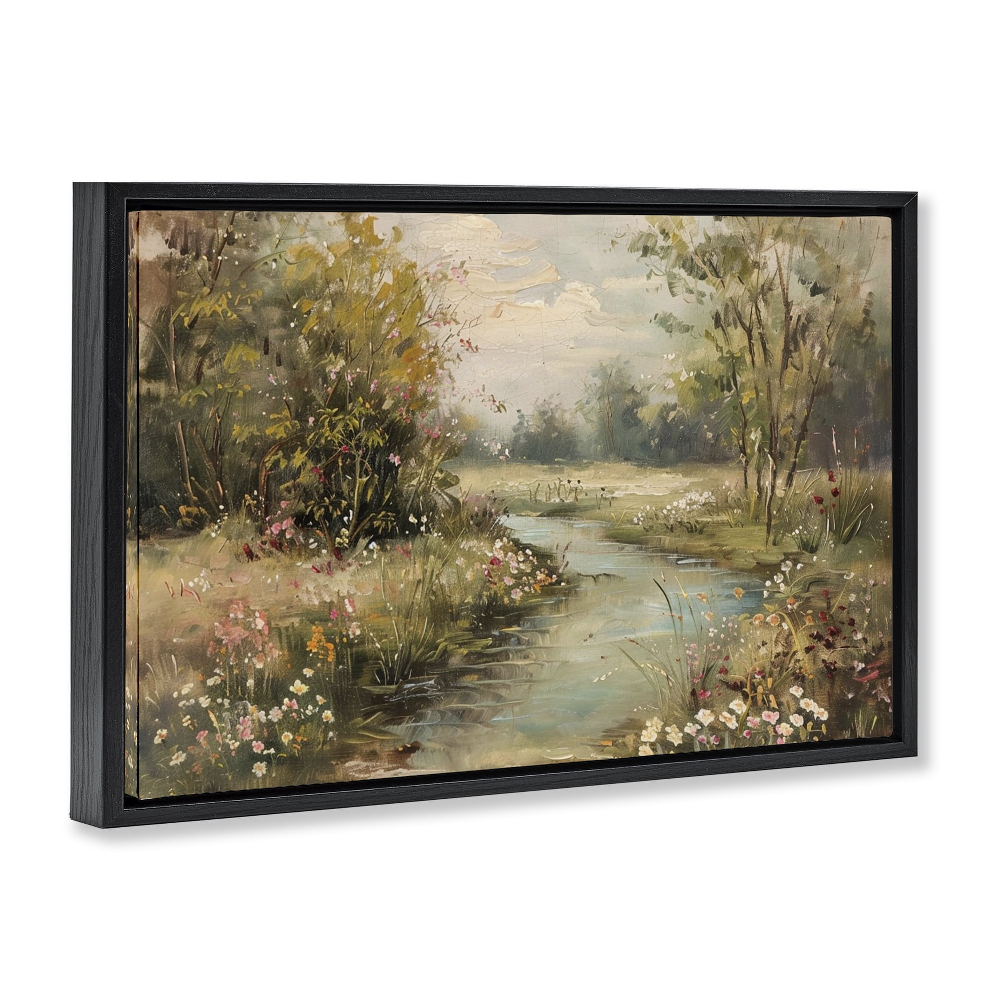 Stupell Industries Spring Stream Landscape Landscape & Nature Painting Black Floater Framed Canvas Art Print Wall Art, 31 x 21