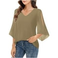thumbnail image 2 of Vekome Womens Blouses 3/4 Sleeve Plus Size Pullover Tops Loose V Neck Casual Tee Shirts Solid Color Summer Blouses Brown, 2 of 8