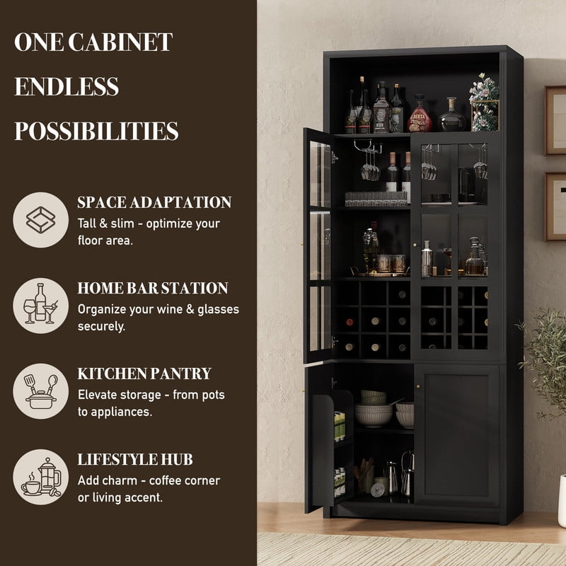Tall Wine Storage Cabinet with Glass Doors, Freestanding Home Bar Pantry Cabinet with Goblet Rack & 18-Bottle Grid