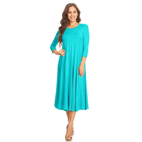 Women's Casual Basic Comfy 3/4 Sleeve Flare A-line Midi Long Maxi Dress