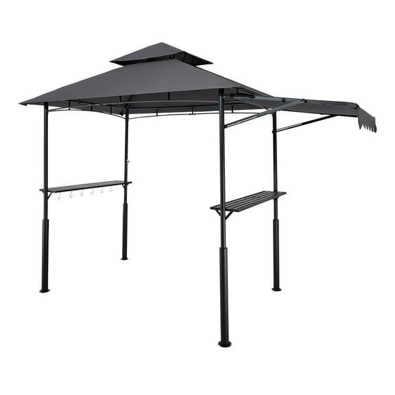 8x5ft BBQ Grill Gazebo Canopy Shelter Tent with Awning, Metal Patio Grill Gazebo for Outdoor Cooking, Double Tiered Top BBQ Shelter