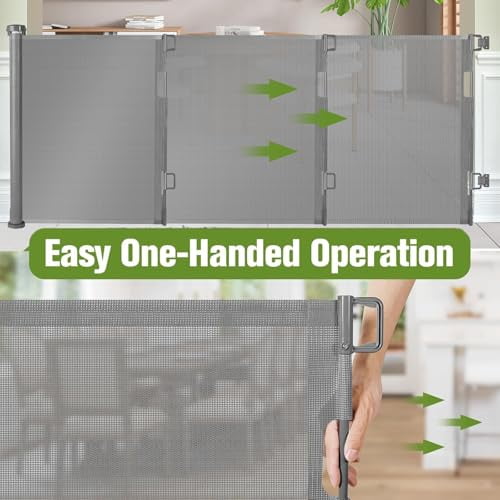 Retractable Baby Gates 65" Wide Baby Gate for Stairs Retractable Dog Gate Indoor Mesh Pet Gate Outdoor Retractable Gate Stair Gates for Kids or Pets Child Gate Dog Gates for Doorways, Decks, Gray