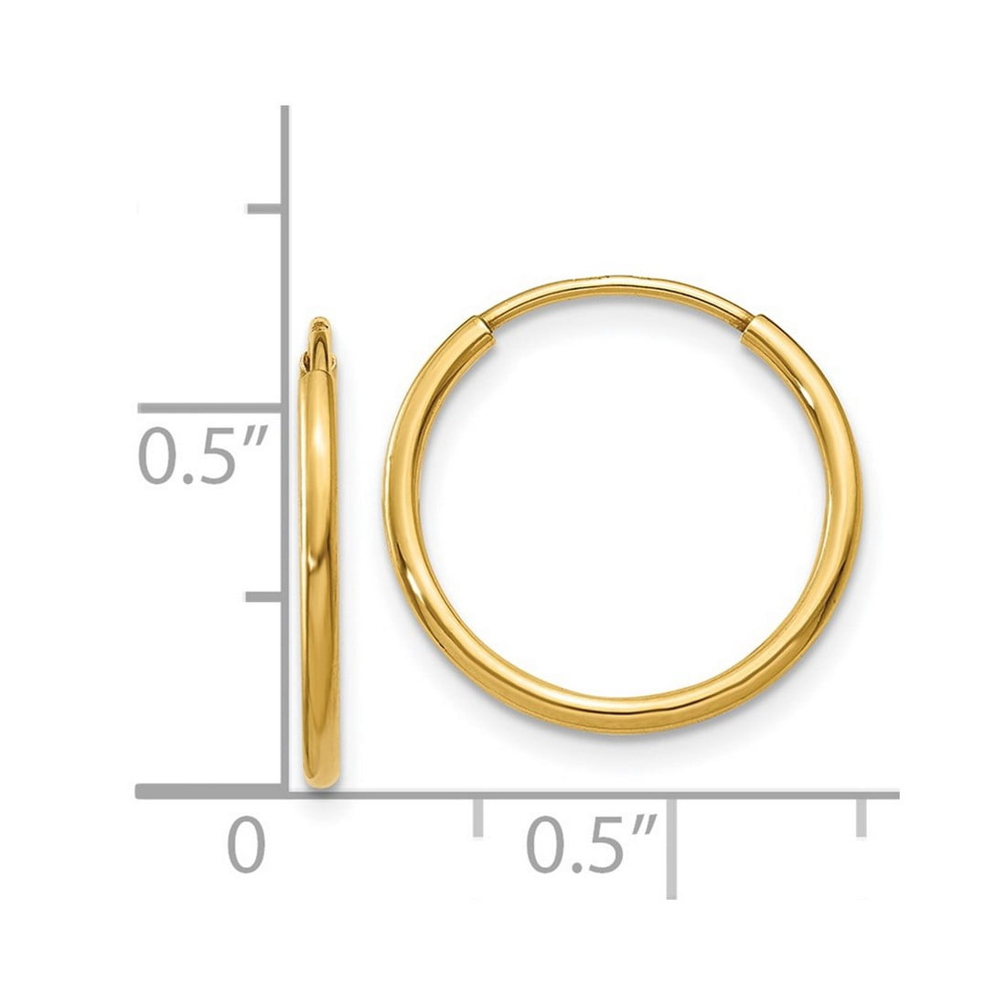 14k Yellow Gold Polished Hollow tube 1.25mm Endless Hoop Earrings 16x16mm Wide 1.25mm Thick Hoop Earring for Women