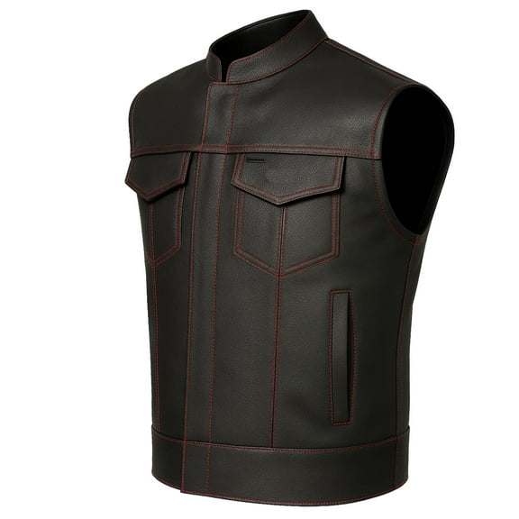 SOA Men's Leather Vest Motorcycle Biker Pockets Single Back Panel BlackRed XXL