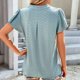thumbnail image 4 of Blusa de manga con volantes hueca Escote en V Blusa de manga corta de color liso Top para mujer Lady Girl Verde M, 4 of 6