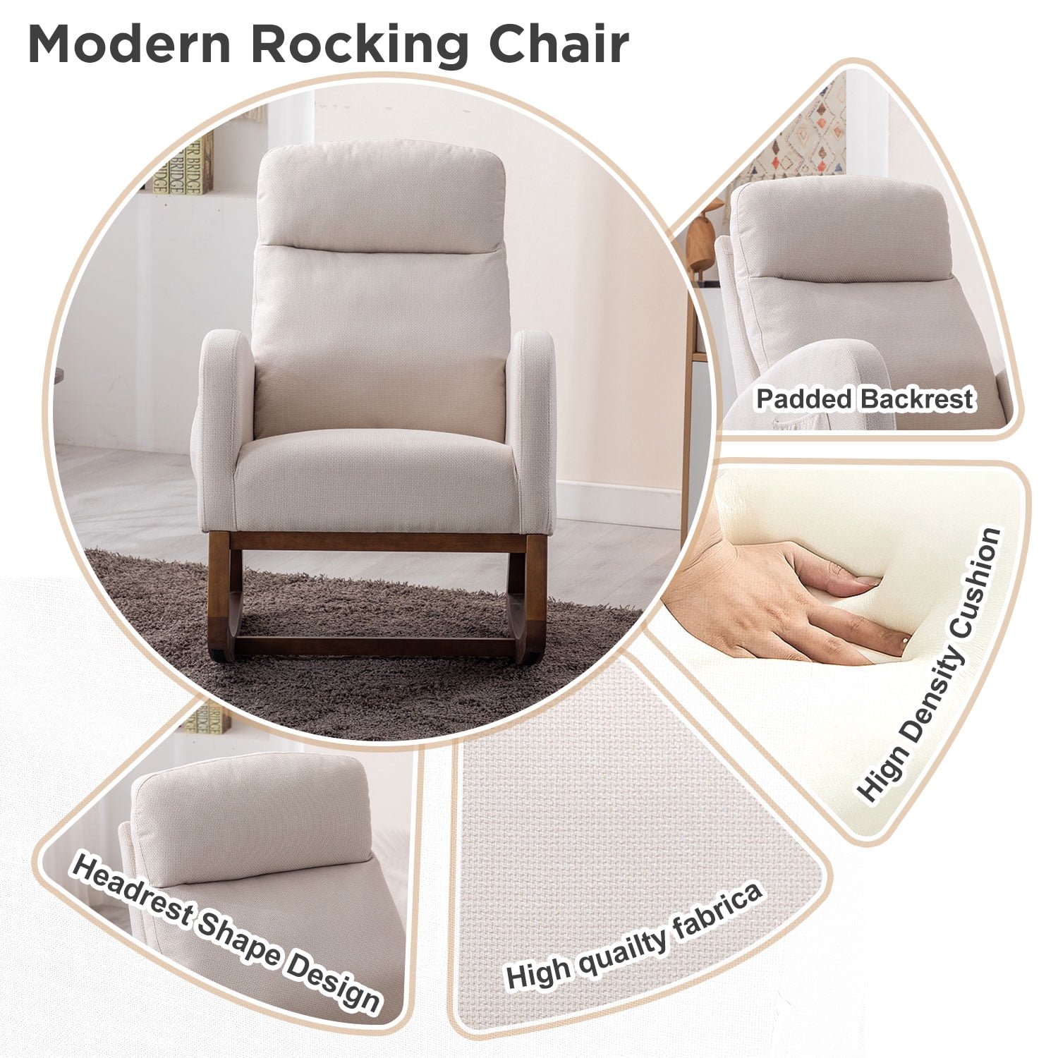 Modern Rocking Chair, Upholstered Nursery Glider Rocker Chair for Baby, Comfy Armchair with Side Pocket, Living Room Lounge Arm Chair, High Backrest with Headrest Shape Design(Light Beige)