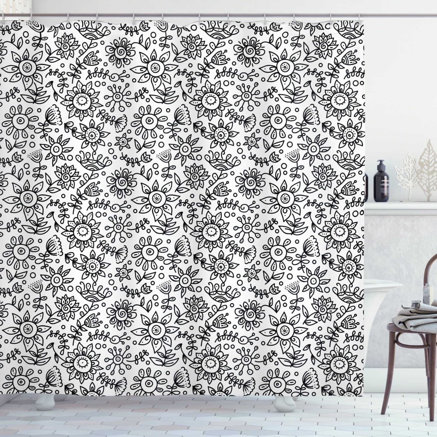 Details about   Sketch Style Spring Floral Twigs White & Black Shower Curtain Set Bathroom Decor 