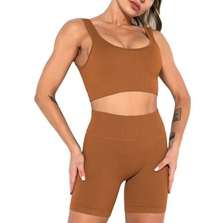 SWSMCLT Women s Seamless Yoga Set 2 Piece Workout Oufit Biker Shorts Set Lounge Gym Activewear with Padded Bra Quick Dry Ribbed Summer Sleeveless Scoop Neck Backless High Waist Coffee Small