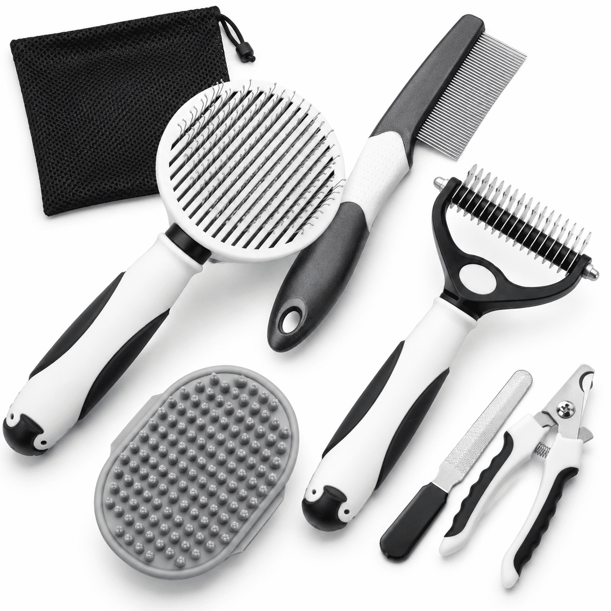 A-Black 7-Piece Pet Brush Kit for Shedding Deshedding Bathing and Care for Dogs and Cats