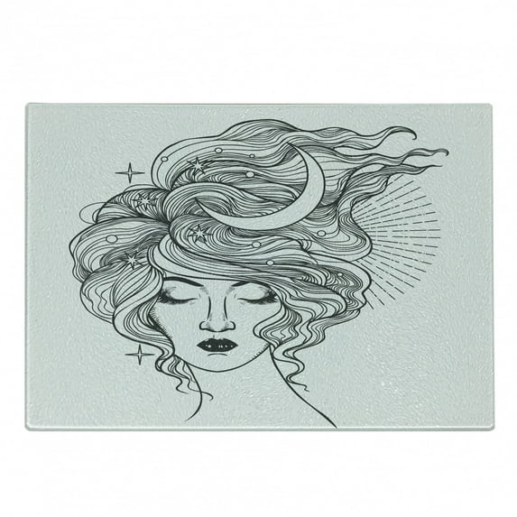 Magic Moon Cutting Board, Close Eyed Woman with Crescent and Stars on Hair Modern Art, Decorative Tempered Glass Cutting and Serving Board, in 3 Sizes, by Ambesonne
