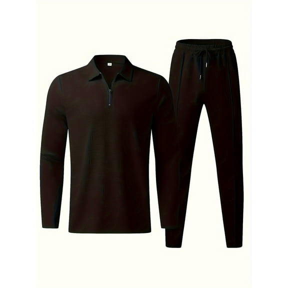 Men's Tracksuits Polo 2 Piece Outfits Long Sleeve Pullover Tracksuit Set Sweatshirt and Joggers Waffle Tops Bottoms Casual Sport Activewear Golf Suit Black XL