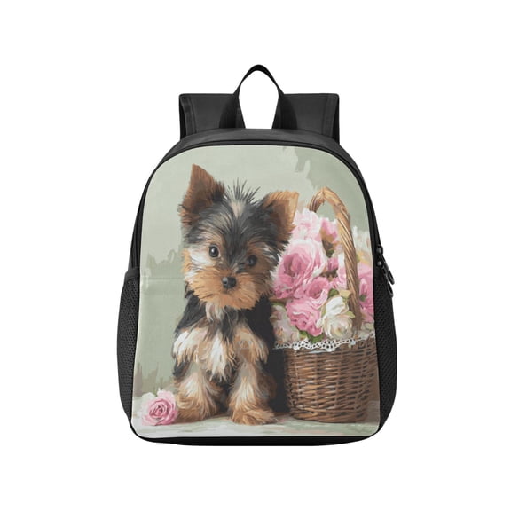 Toddler Backpack Yorkshire Terrier and Flower Basket Waterproof Lightweight Backpack Casual Mini Daypack for Daycare & Travel