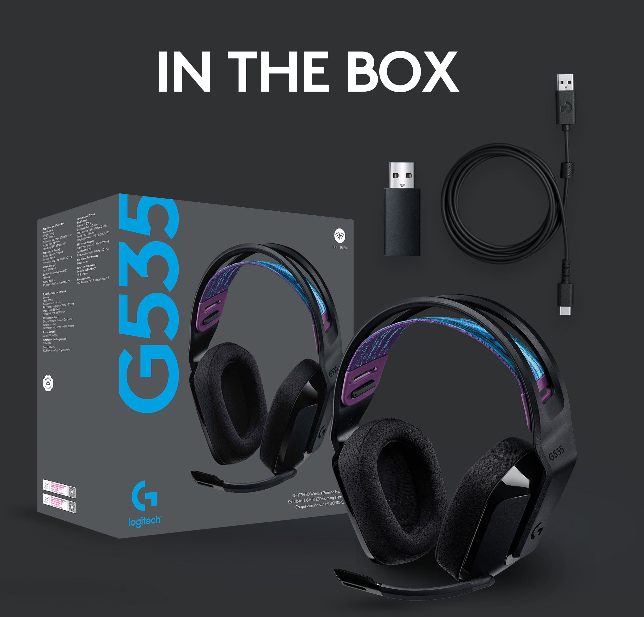 Logitech G535 LIGHTSPEED Wireless Gaming Headset - Lightweight on-ear headphones, compatible with PC, PS4, PS5, Black