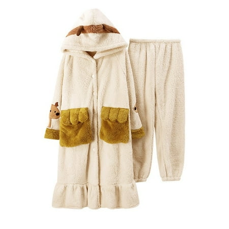 

PIKADINGNIS FUNISHI Women Sleepwear Coral Fleece Winter Pajamas Cartoon Nightdress Loose Version Hooded Inspissate Plus Size Pajama Set