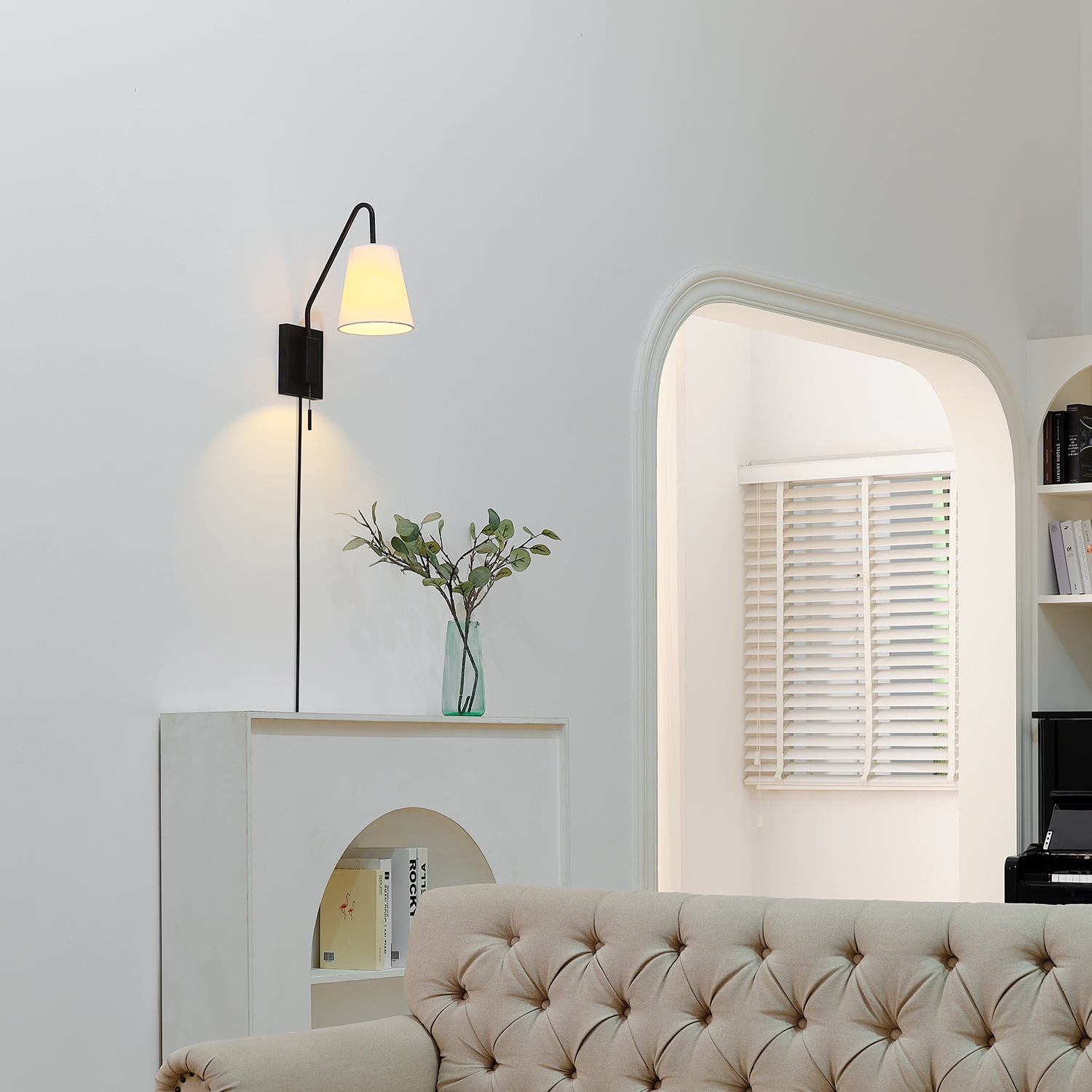 Globe Electric 1-Light Matte Black Plug-in or Hardwire Indoor Wall Sconce, White Fabric Shade