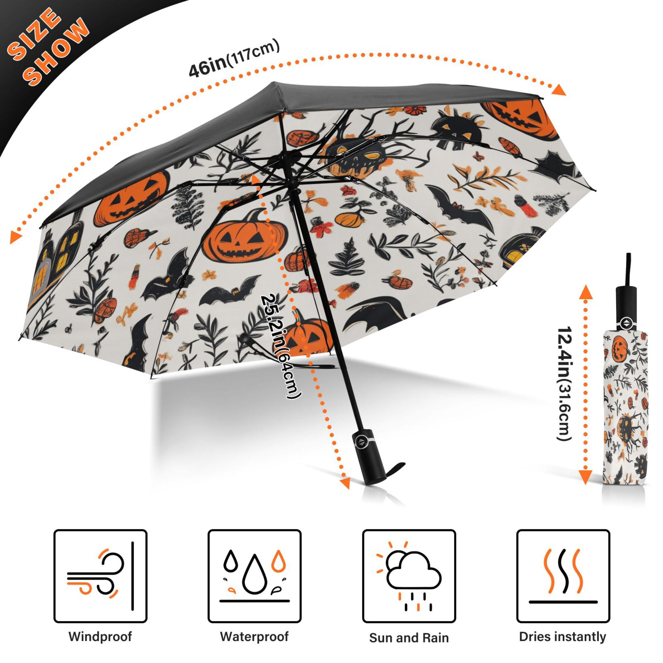 Halloween Themed Elements Extra Large Automatic Umbrella, UV Protection, Waterproof, Auto Open and Close