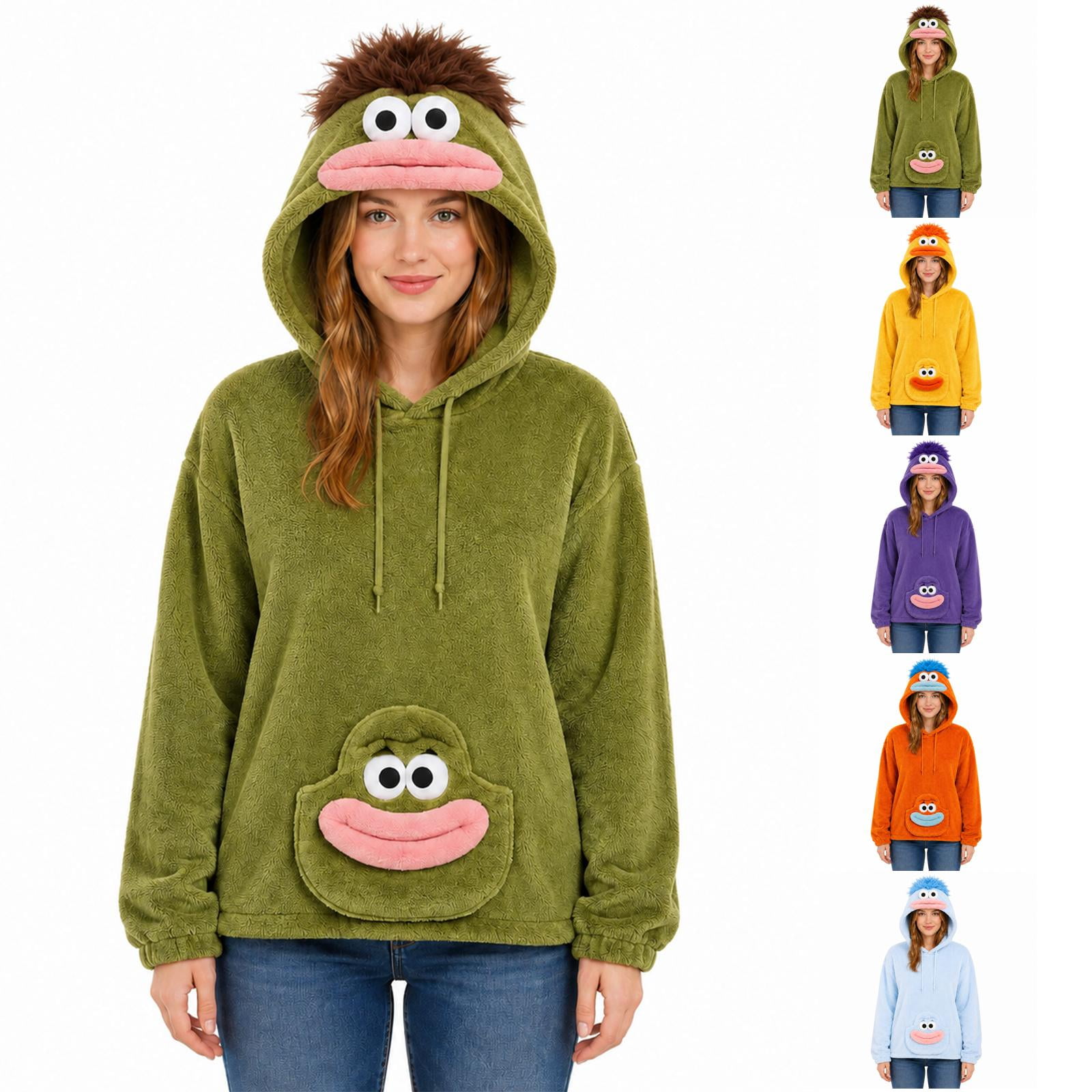 Unisex Funny Cartoon Monster Fuzzy Hoodie Pullover Long Sleeve Cozy Loungewear with 3D Plush Hood and Pocket for Halloween Costume Party Sleepwear Daily Wear S