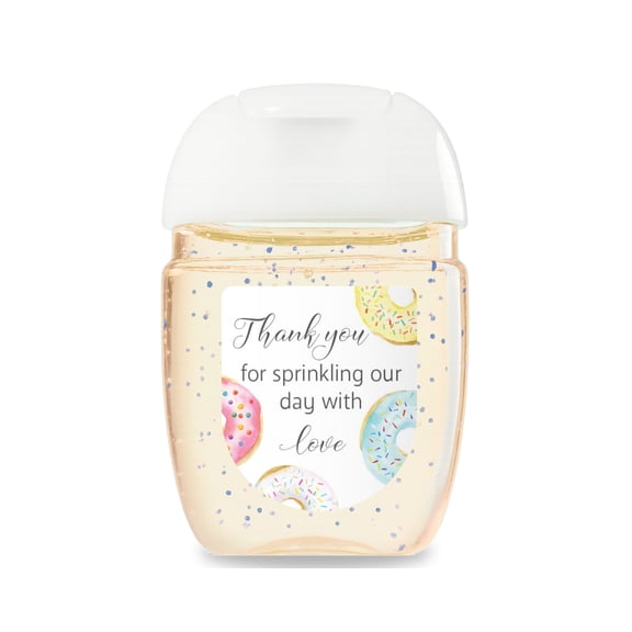 Gender Neutral Donut Baby Shower Mini Hand Sanitizer Labels, Thank You for Sprinkling Our Day with Love Favor Stickers, Fits PocketBac 1 oz Bottles, High Gloss, 30 Count